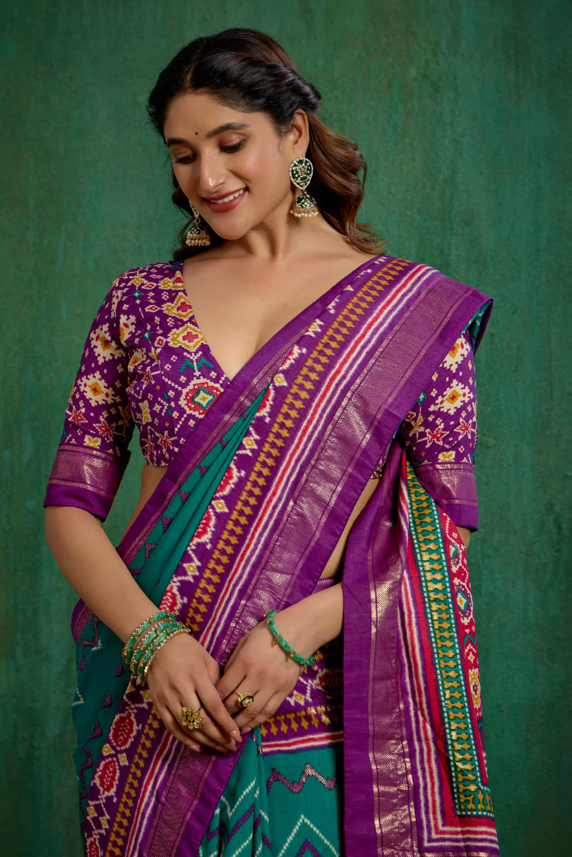 Purple Velvet Tusser Silk Patola Print Ready to Wear Saree - Elegant & Stylish Fashion