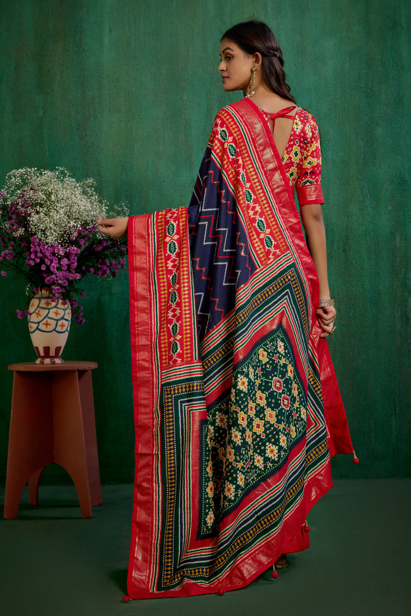 Red Velvet Tusser Silk Patola Print Ready to Wear Saree - Elegant & Stylish Fashion