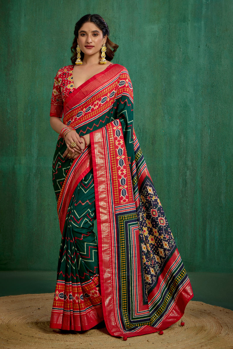 Green Velvet Tusser Silk Patola Print Ready to Wear Saree - Elegant & Stylish Fashion