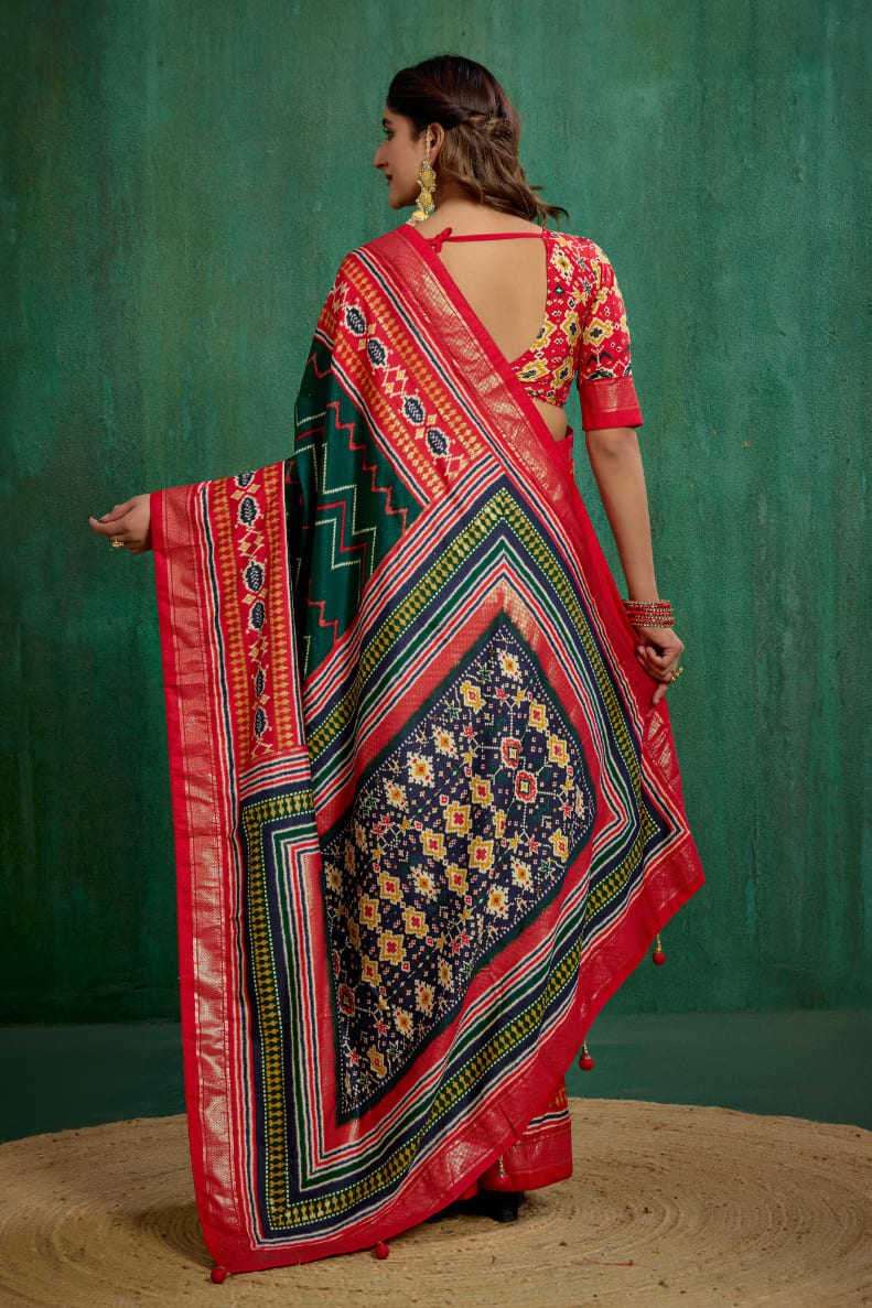 Green Velvet Tusser Silk Patola Print Ready to Wear Saree - Elegant & Stylish Fashion