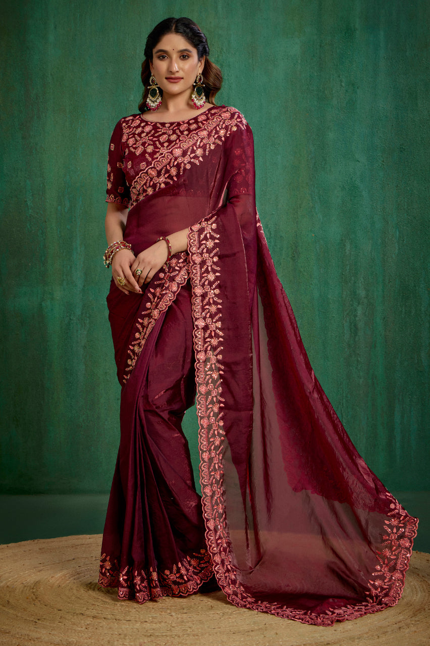 Wine Shop Elegant Silk Blend Embroidery Ready to Wear Saree - Perfect for Any Occasion