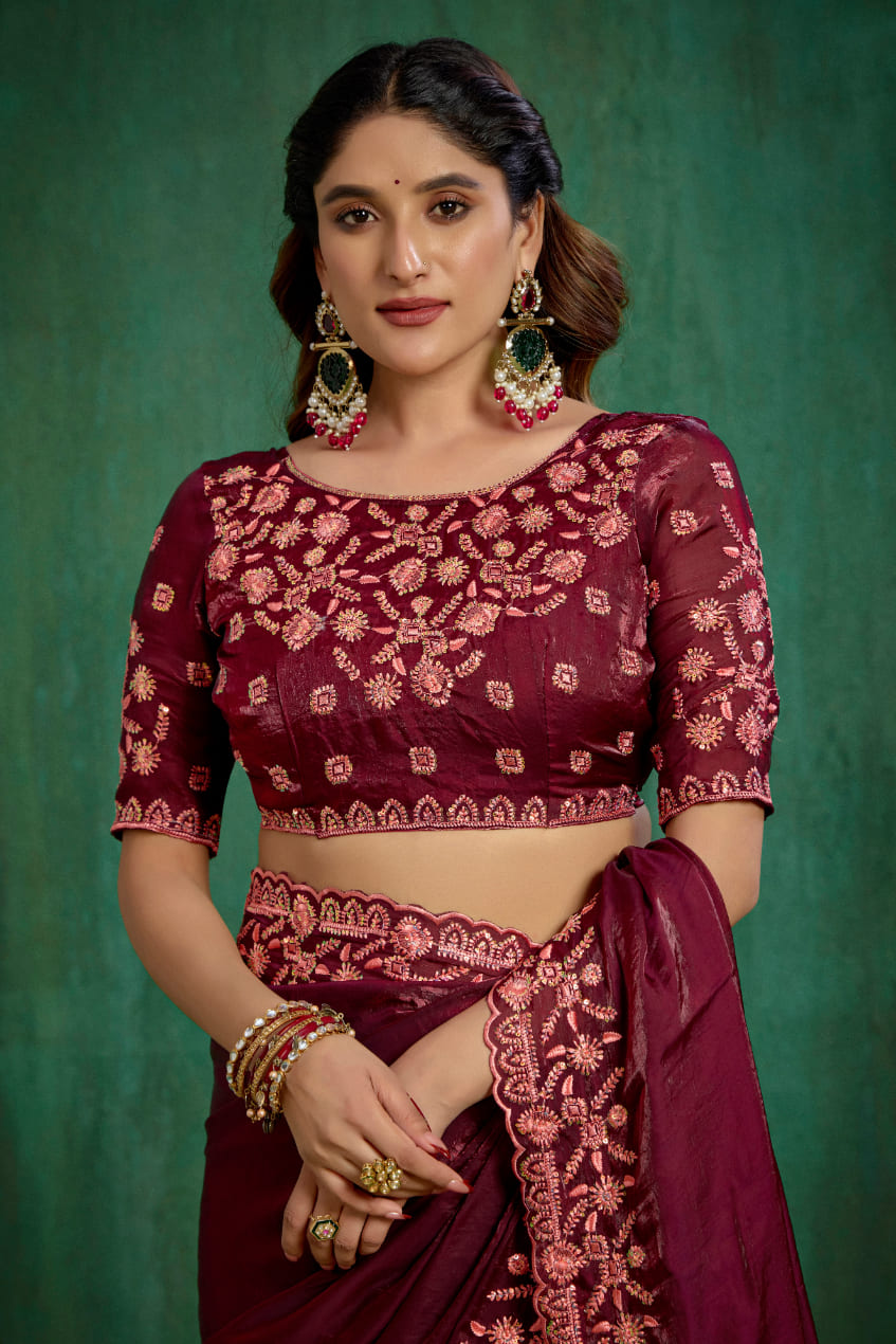 Wine Shop Elegant Silk Blend Embroidery Ready to Wear Saree - Perfect for Any Occasion