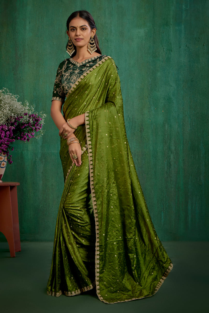 Olive Green Elegant Satin Jacquard Embroidery Ready to Wear Saree - Shop Now Online