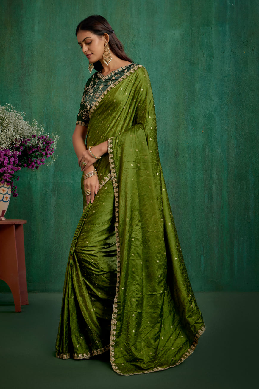 Olive Green Elegant Satin Jacquard Embroidery Ready to Wear Saree - Shop Now Online