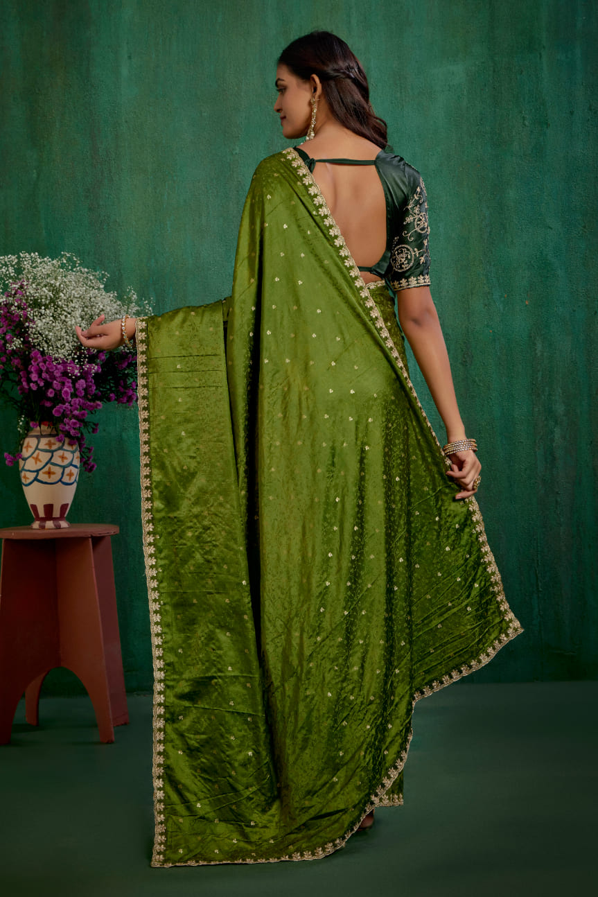 Olive Green Elegant Satin Jacquard Embroidery Ready to Wear Saree - Shop Now Online