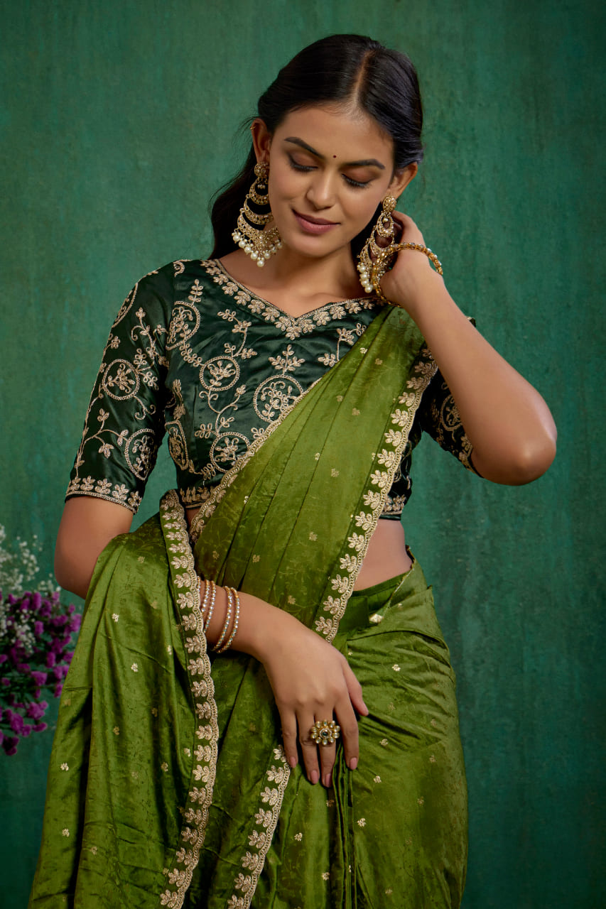 Olive Green Elegant Satin Jacquard Embroidery Ready to Wear Saree - Shop Now Online