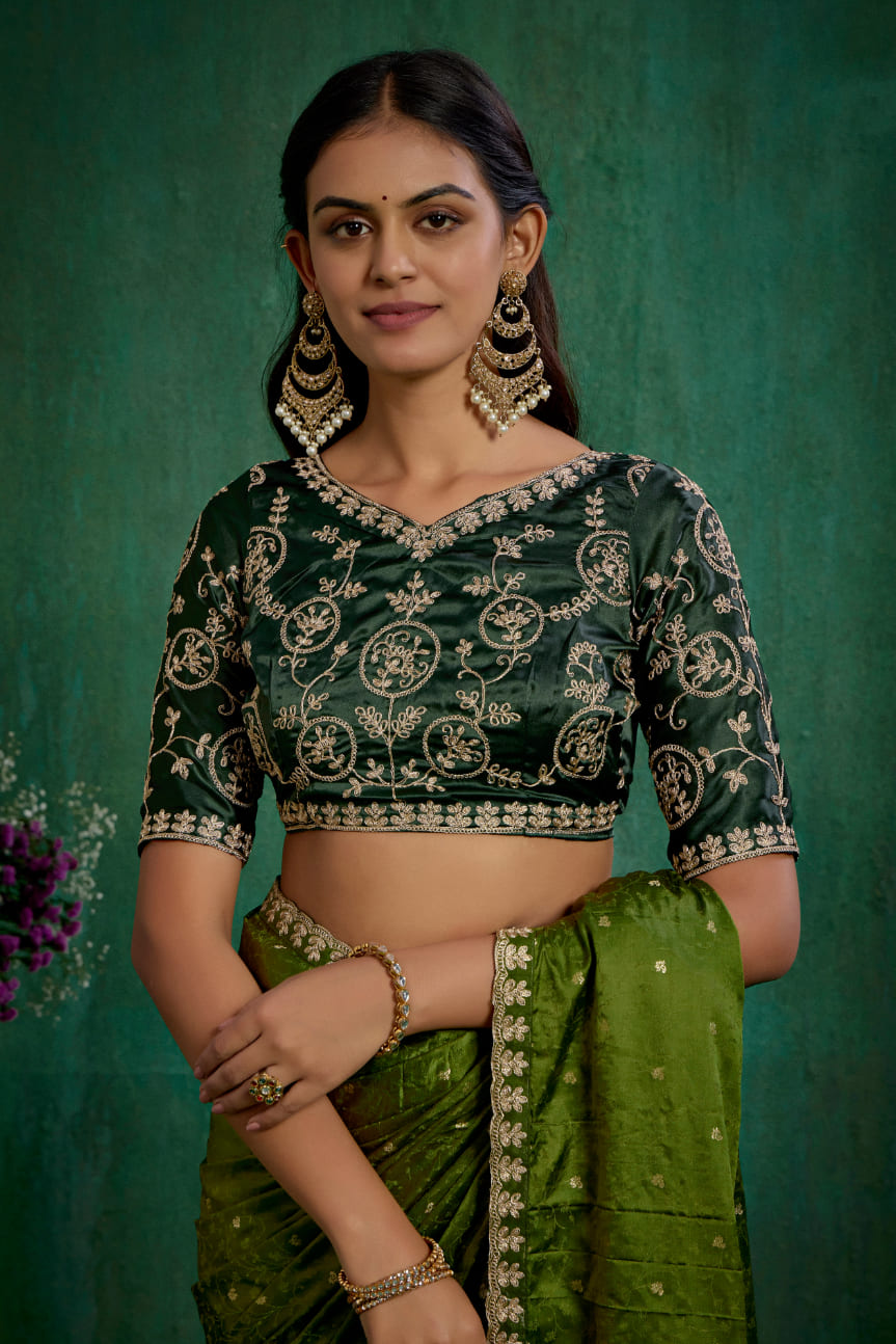 Olive Green Elegant Satin Jacquard Embroidery Ready to Wear Saree - Shop Now Online