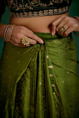 Olive Green Elegant Satin Jacquard Embroidery Ready to Wear Saree - Shop Now Online