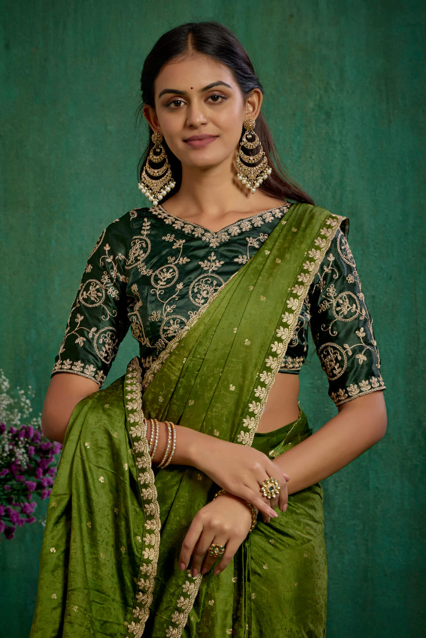 Olive Green Elegant Satin Jacquard Embroidery Ready to Wear Saree - Shop Now Online