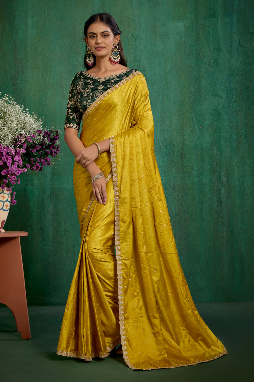 Elegant Gold Satin Jacquard Embroidery Ready to Wear Saree - Shop Now Online