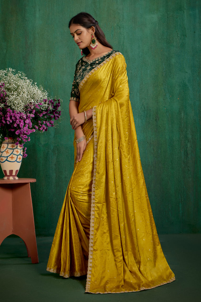 Elegant Gold Satin Jacquard Embroidery Ready to Wear Saree - Shop Now Online