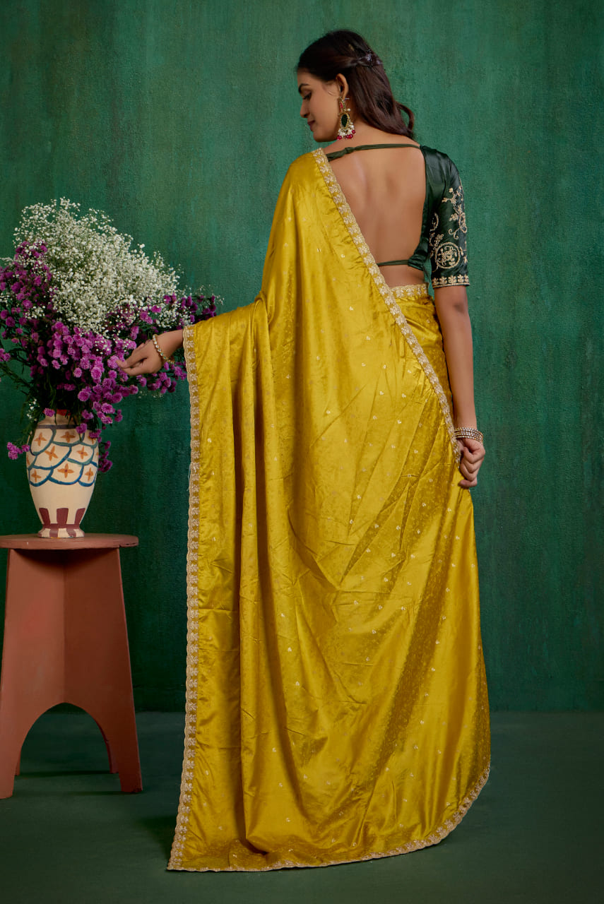 Elegant Gold Satin Jacquard Embroidery Ready to Wear Saree - Shop Now Online