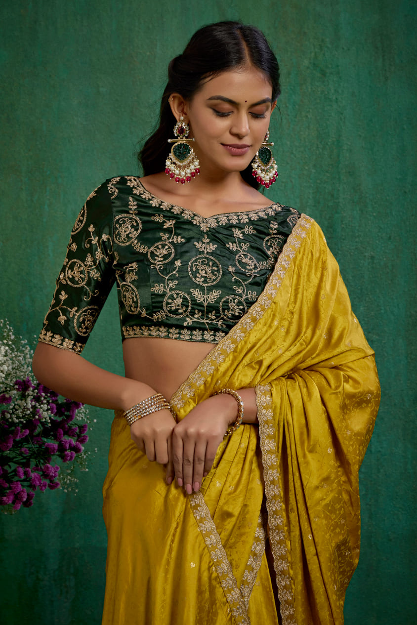 Elegant Gold Satin Jacquard Embroidery Ready to Wear Saree - Shop Now Online