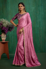 Elegant Pink Satin Jacquard Embroidery Ready to Wear Saree - Shop Now Online