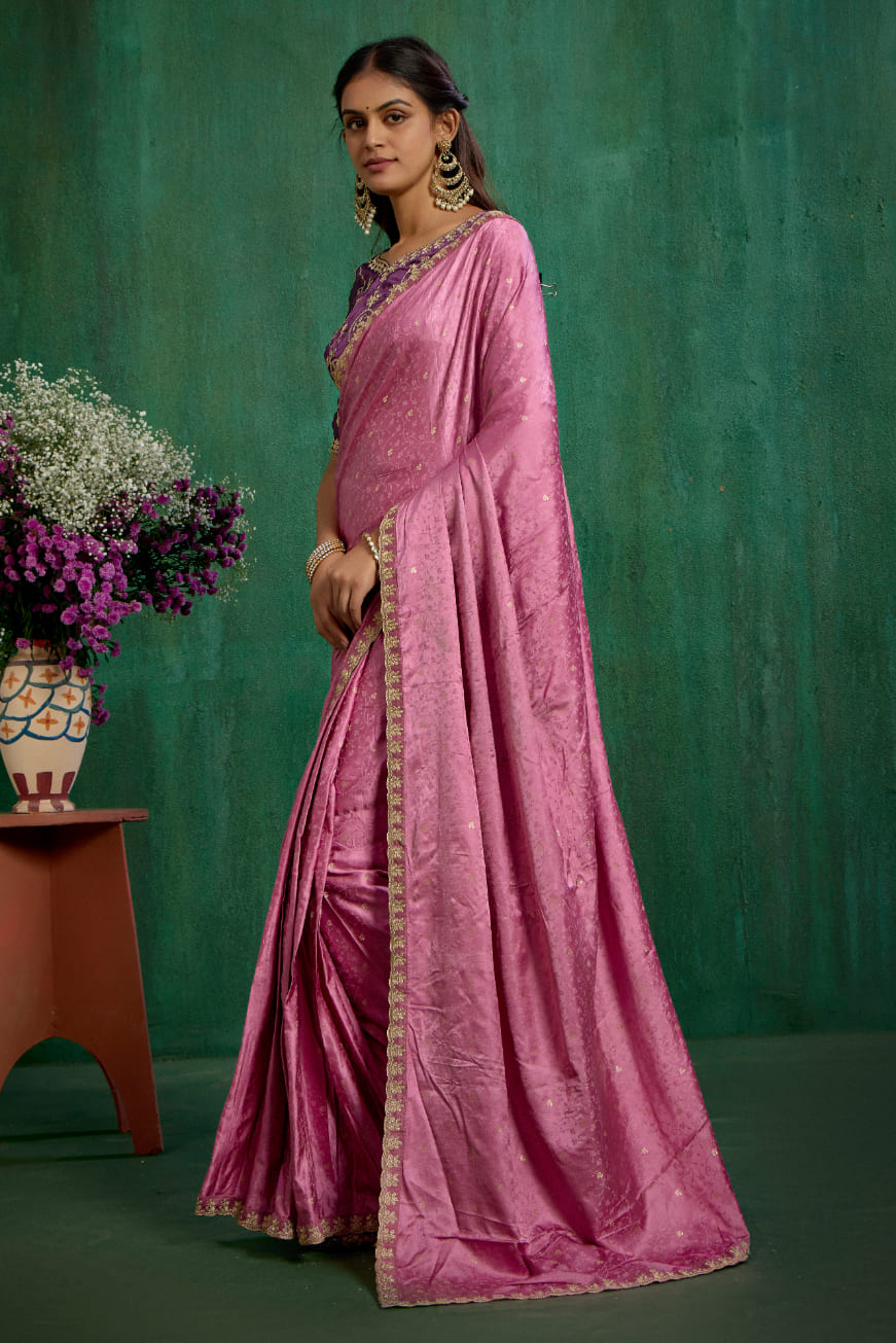 Elegant Pink Satin Jacquard Embroidery Ready to Wear Saree - Shop Now Online