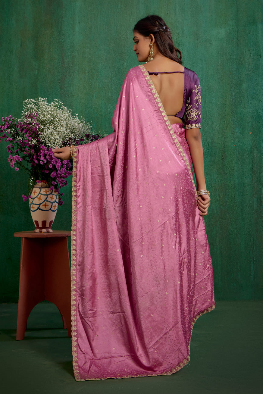 Elegant Pink Satin Jacquard Embroidery Ready to Wear Saree - Shop Now Online