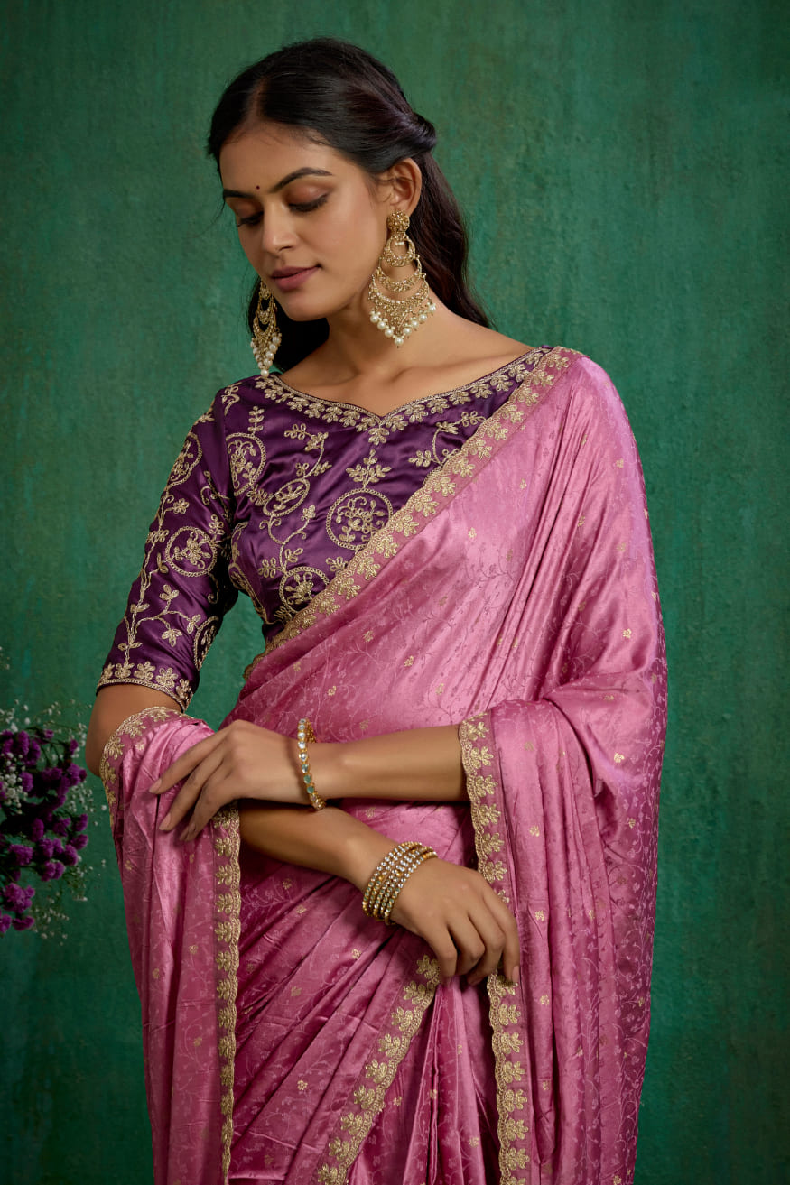 Elegant Pink Satin Jacquard Embroidery Ready to Wear Saree - Shop Now Online