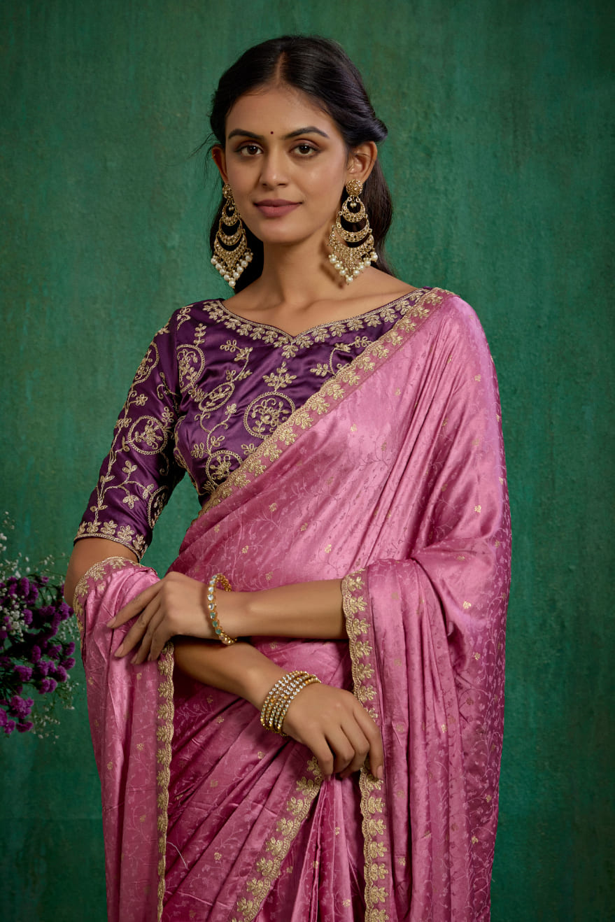 Elegant Pink Satin Jacquard Embroidery Ready to Wear Saree - Shop Now Online