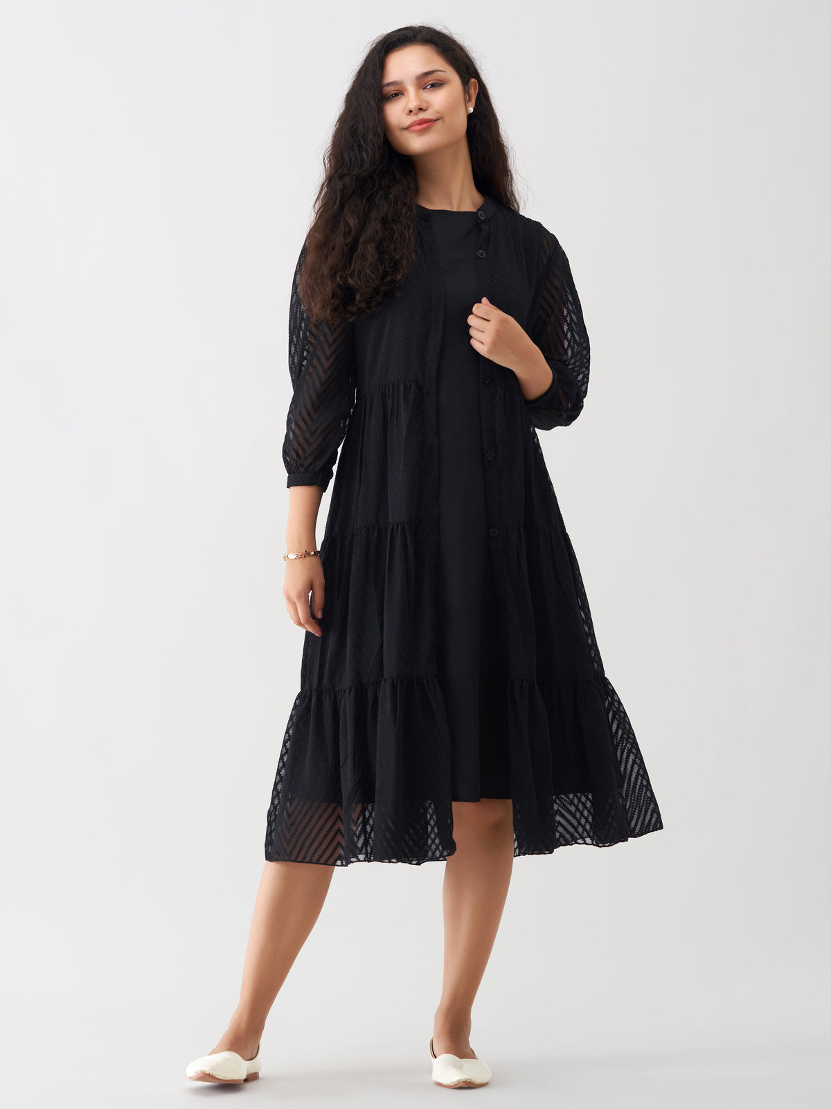 Black Crepe Chiffon Swiss Dot Boat Neck Dress with Jacket