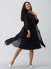 Black Crepe Chiffon Swiss Dot Boat Neck Dress with Jacket