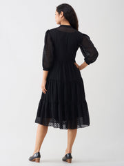 Black Crepe Chiffon Swiss Dot Boat Neck Dress with Jacket