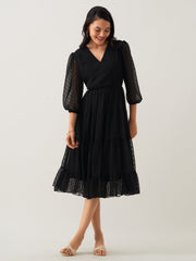 Black Chiffon Brasso Swiss Dot V-Neck Dress