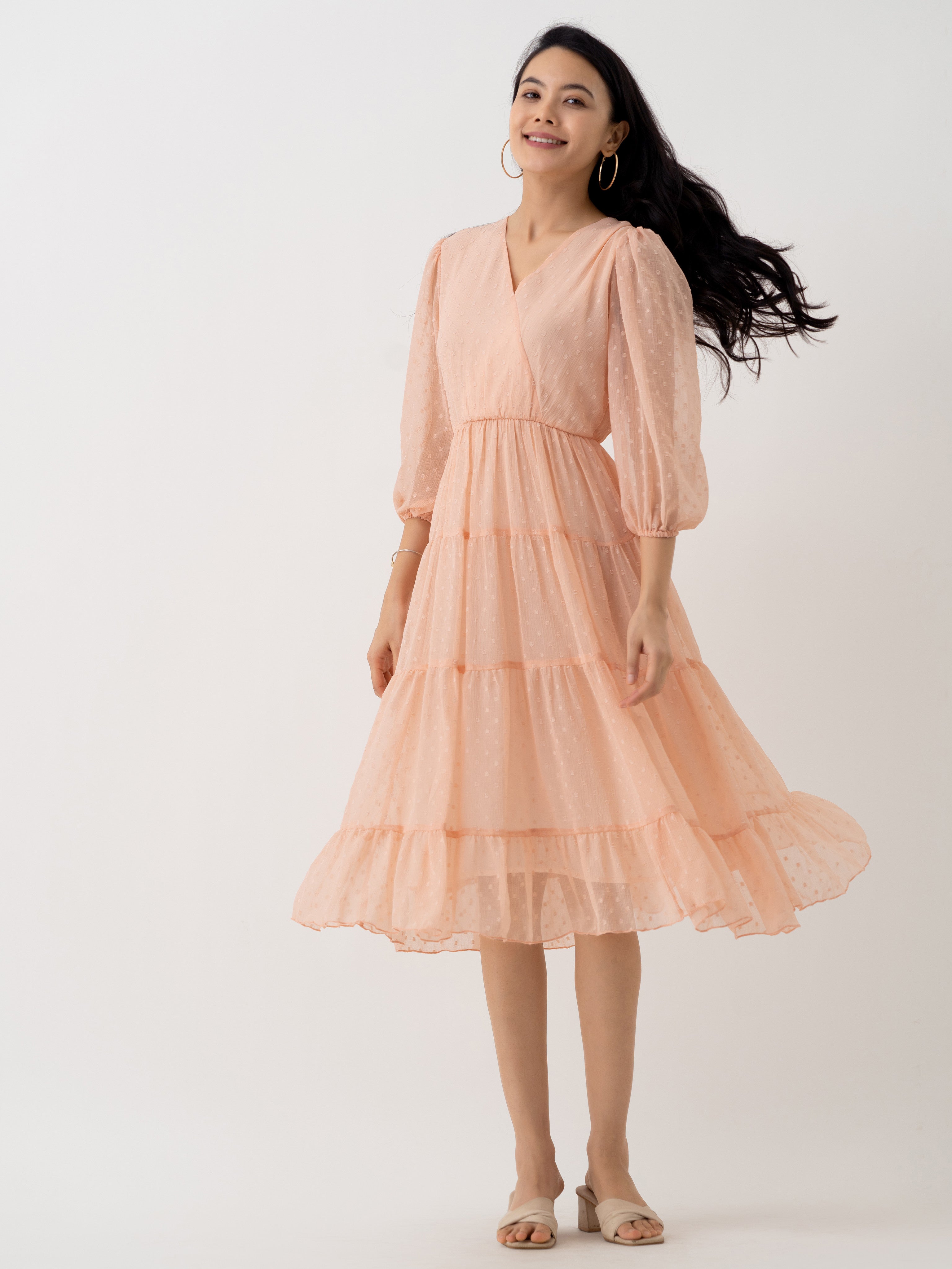 Peach Chiffon Brasso Swiss Dot V-Neck Dress