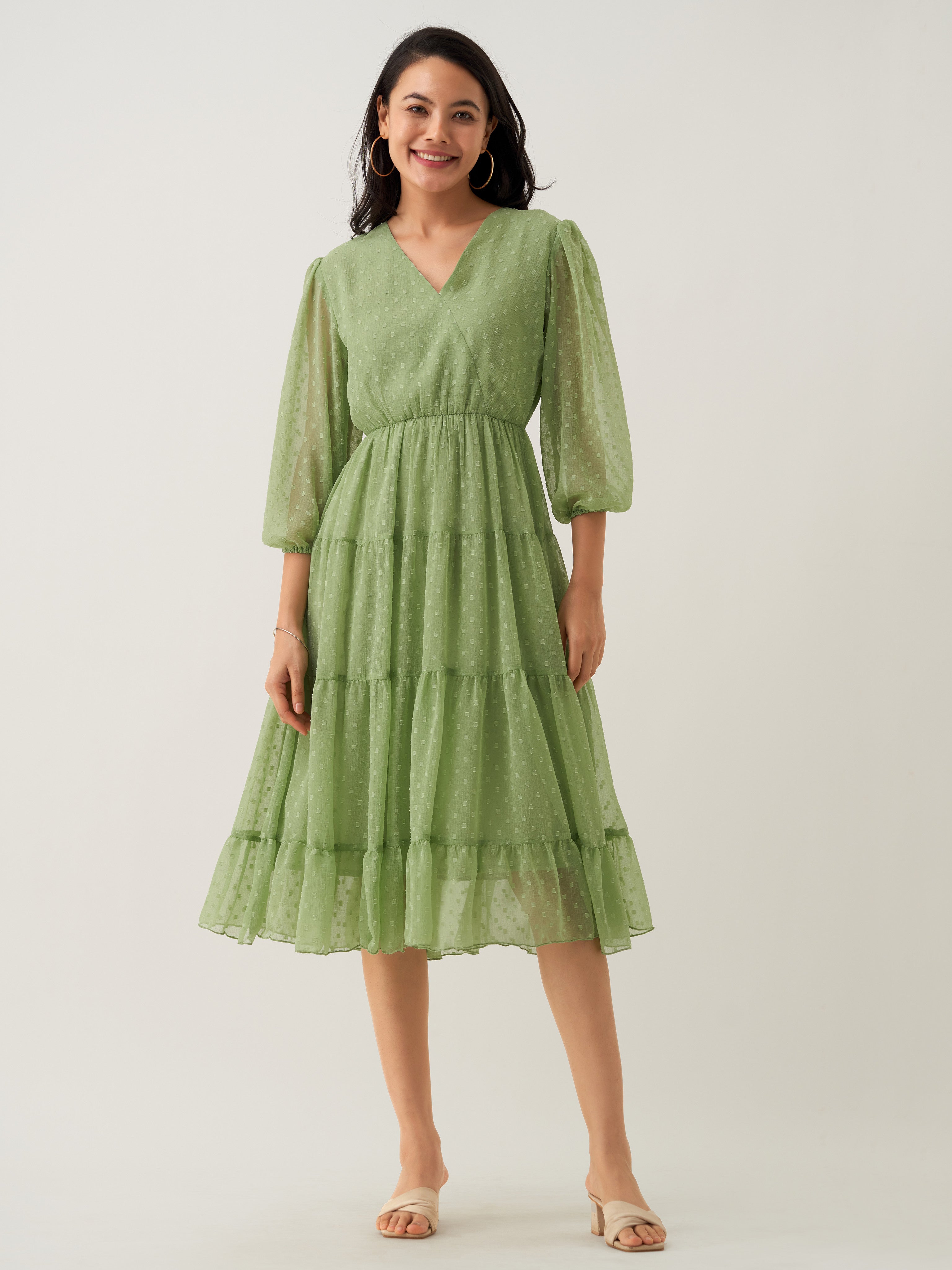 Green Mist Chiffon Brasso Swiss Dot V-Neck Dress