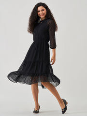 Black Chiffon Brasso Swiss Dot V-Neck Dress