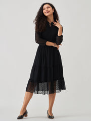 Black Chiffon Brasso Swiss Dot V-Neck Dress