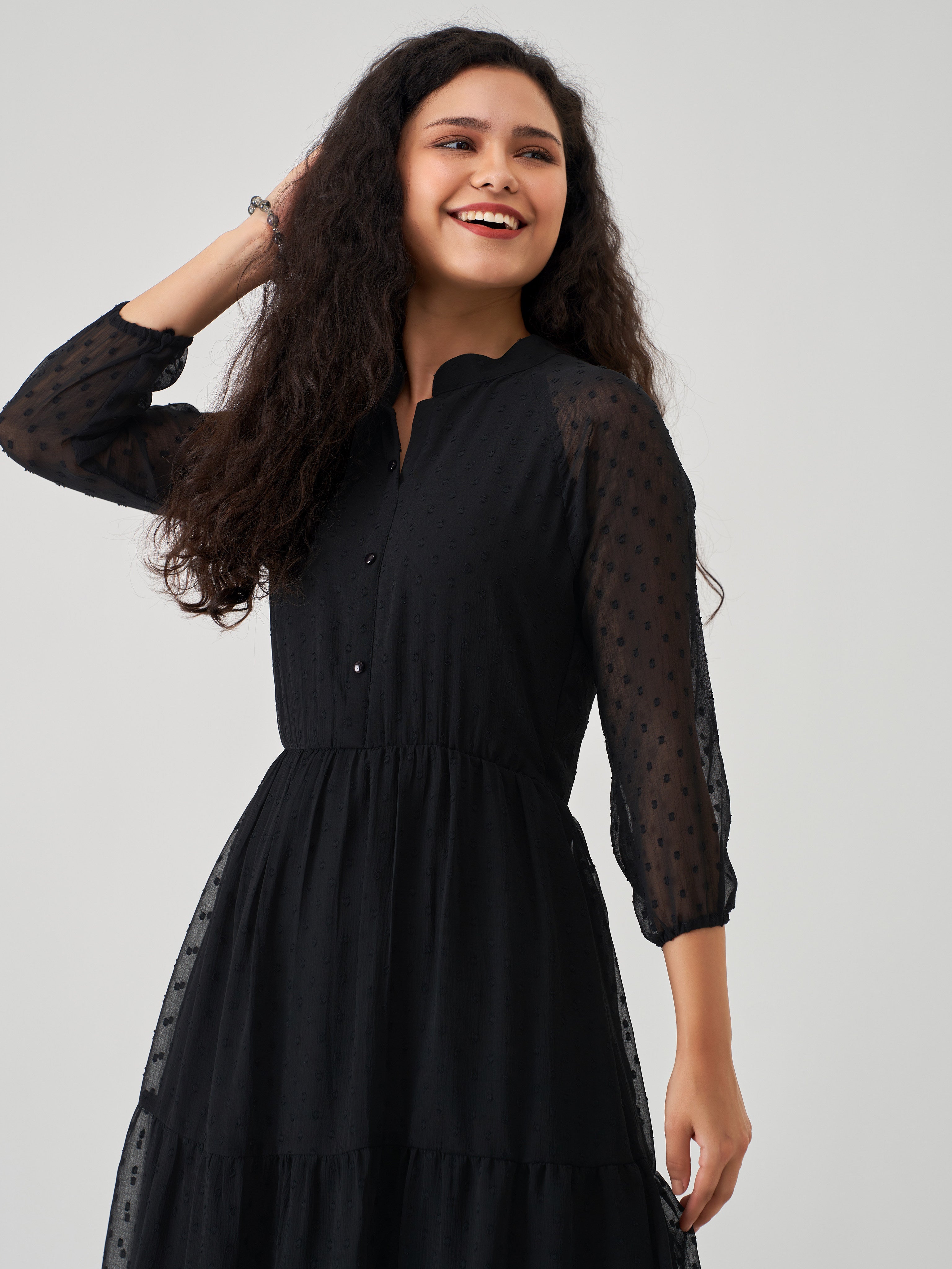 Black Chiffon Brasso Swiss Dot V-Neck Dress