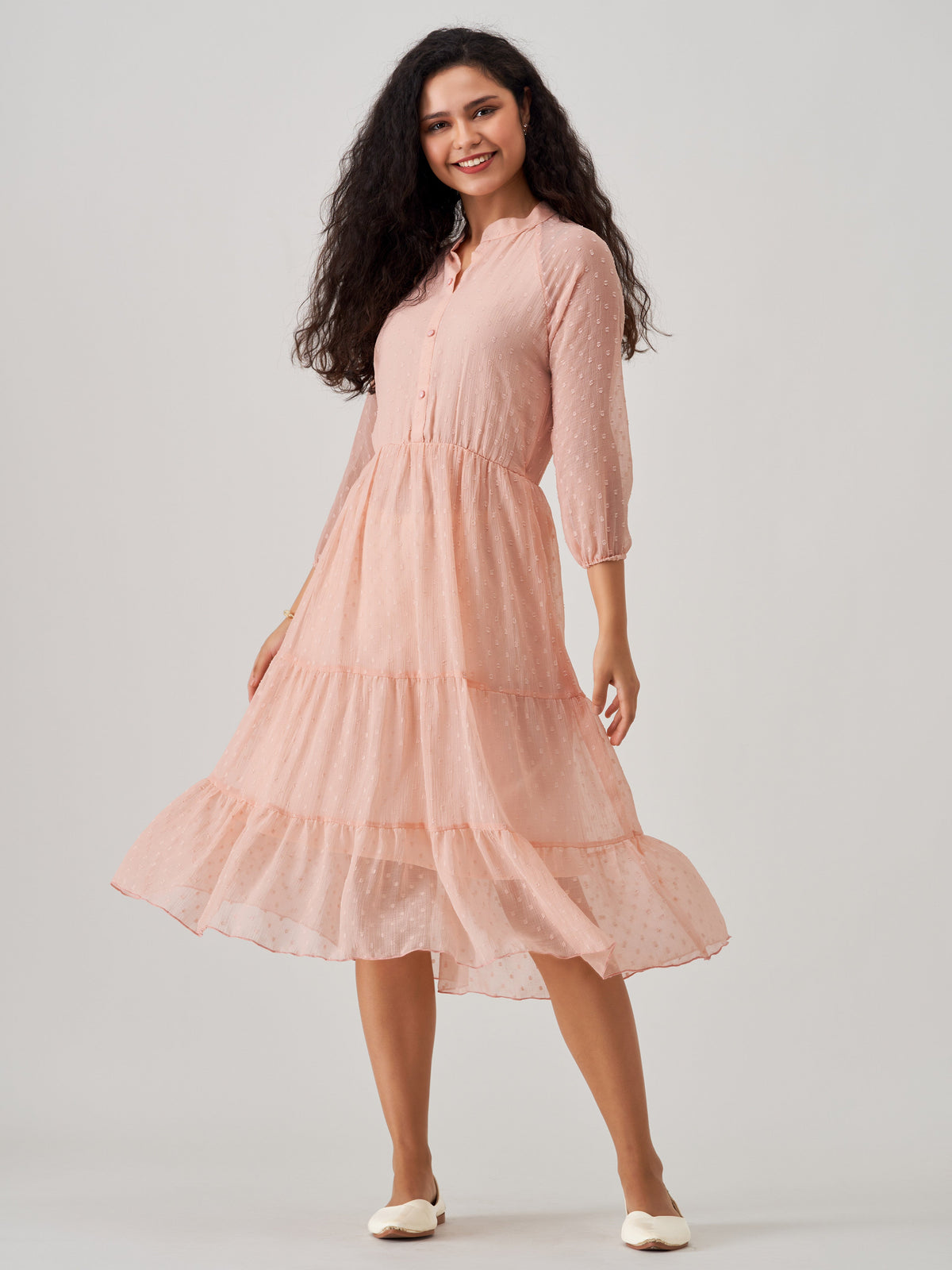 Peach Chiffon Brasso Swiss Dot V-Neck Dress