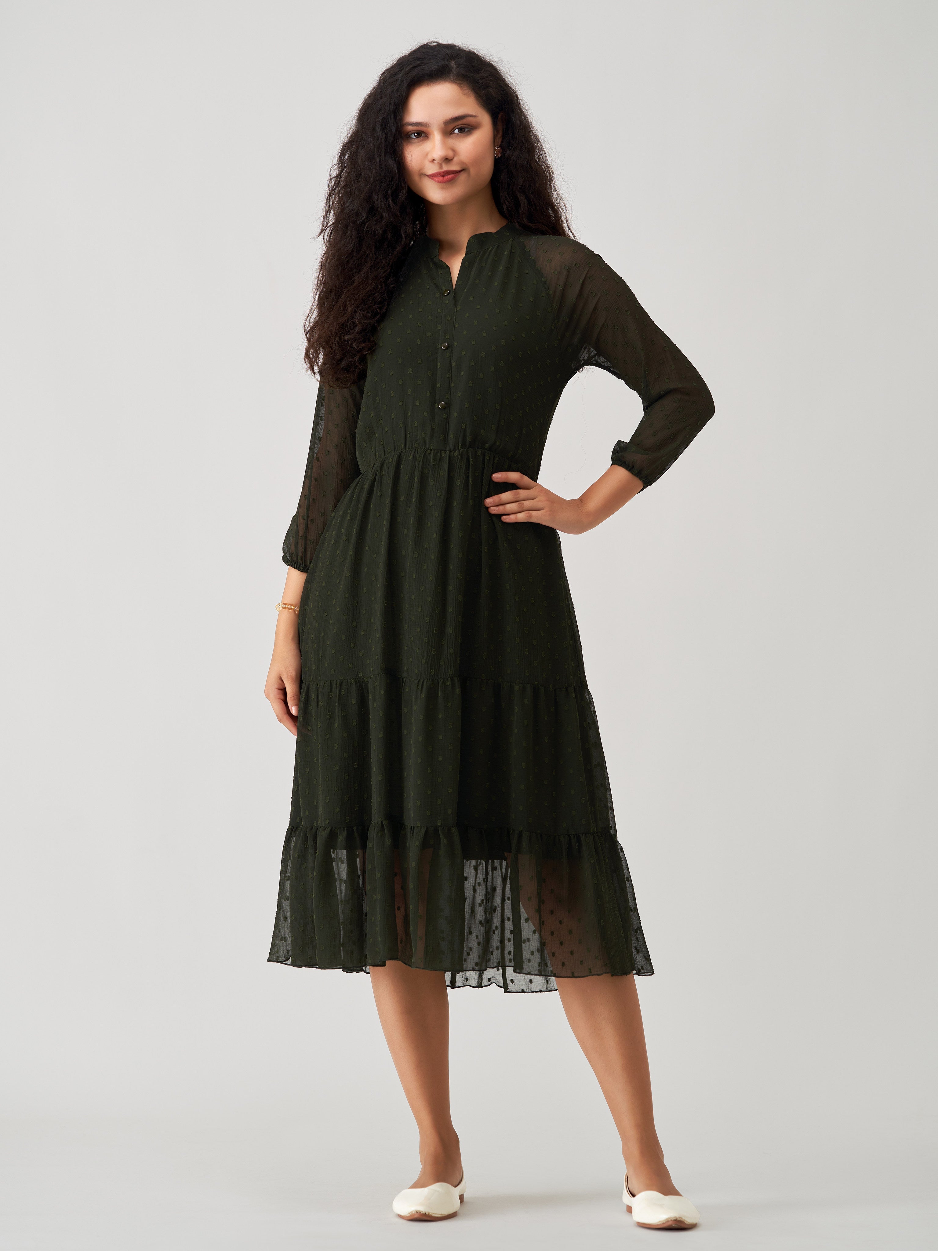 Dark Green Chiffon Brasso Swiss Dot V-Neck Dress