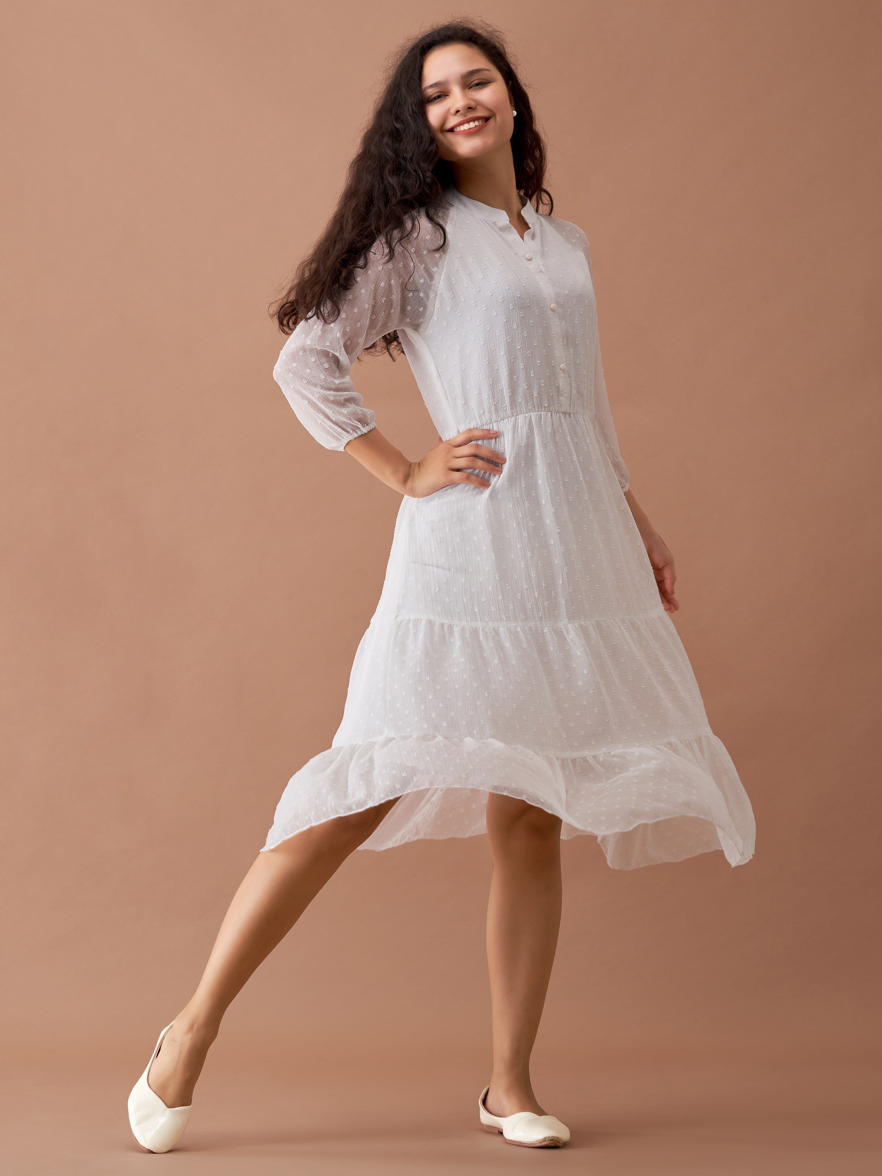 White Chiffon Brasso Swiss Dot V-Neck Dress