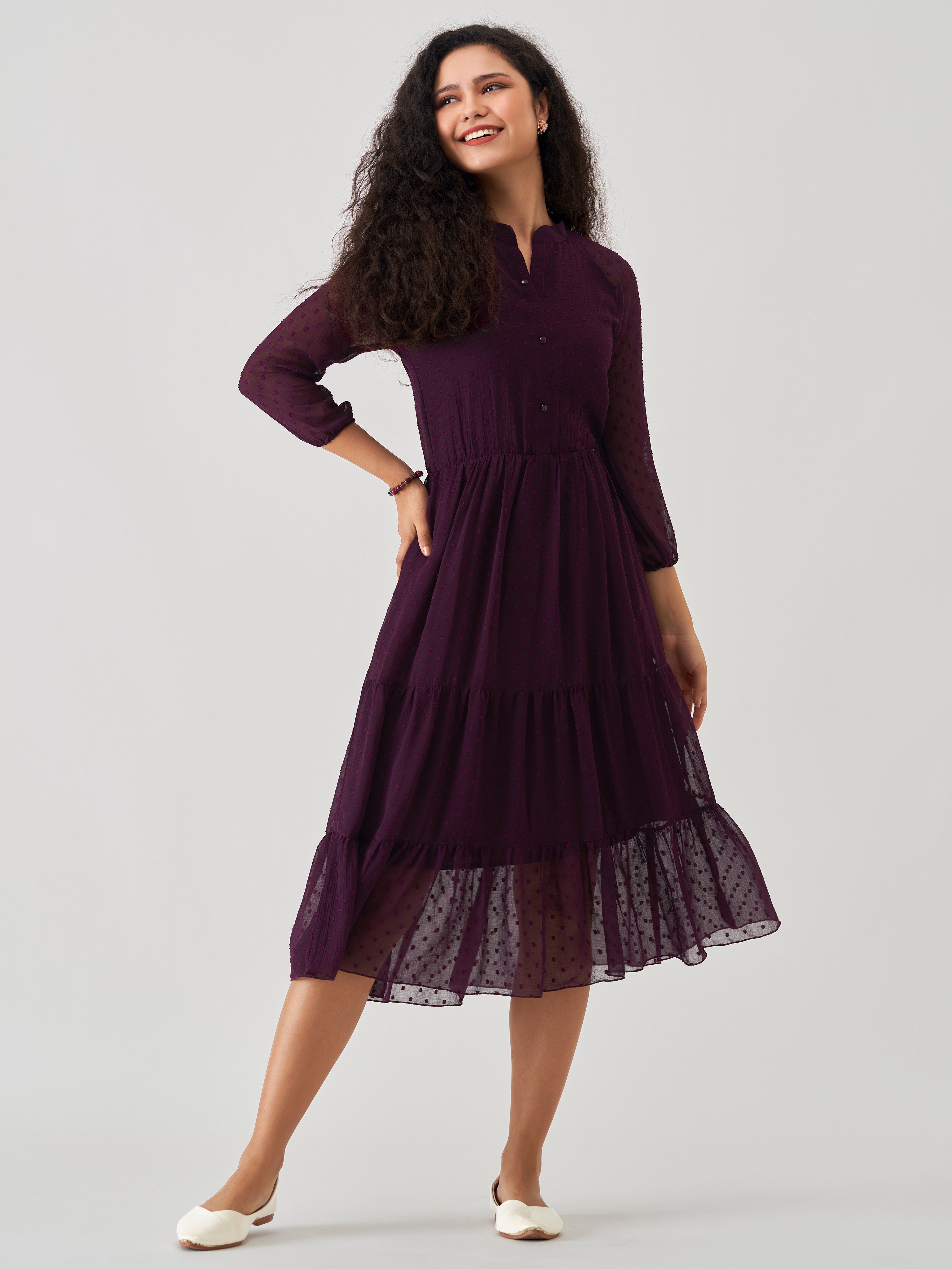 Purple Chiffon Brasso Swiss Dot V-Neck Dress