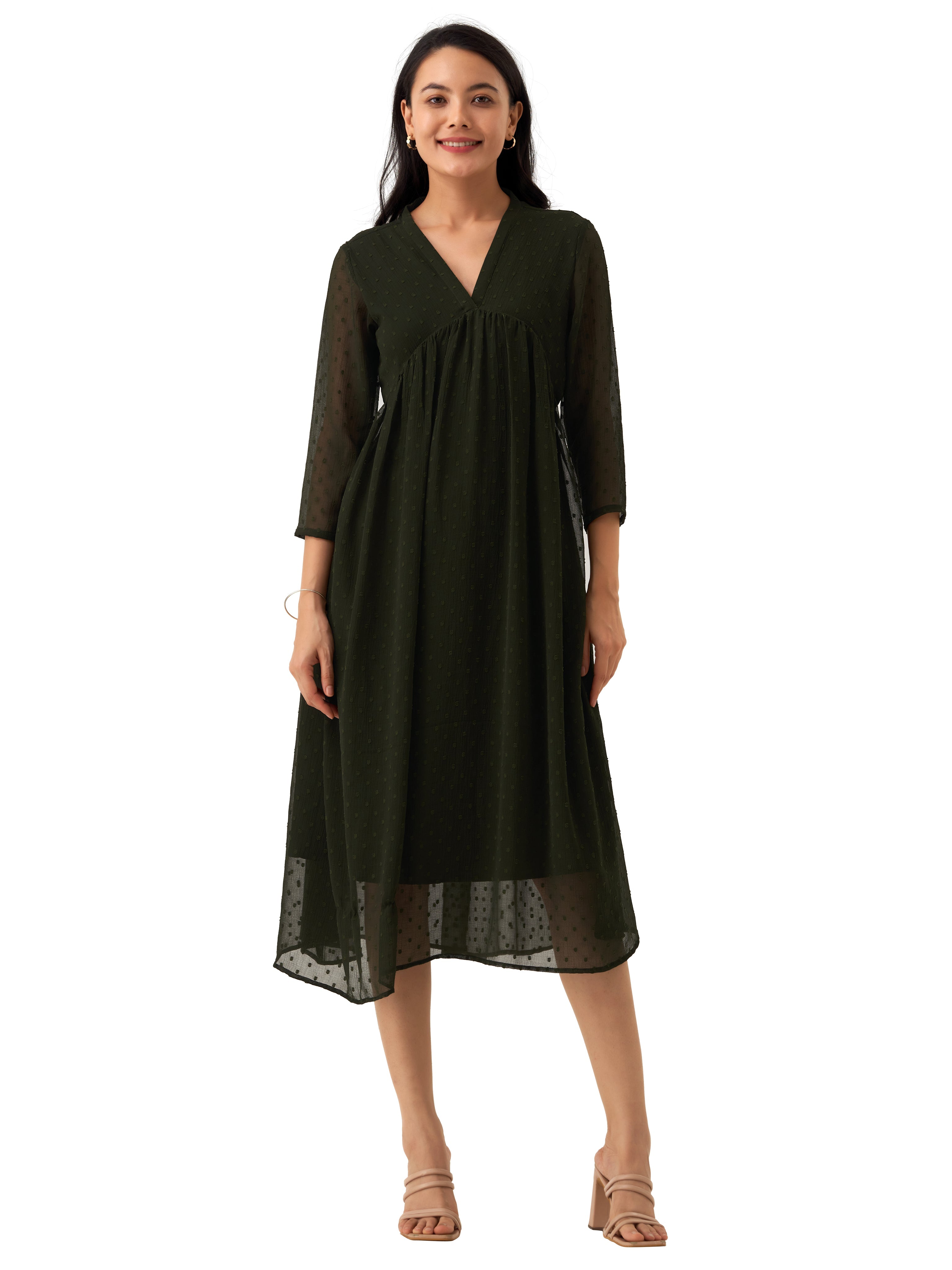 Dark Green Chiffon Brasso Swiss Dot V-Neck Dress