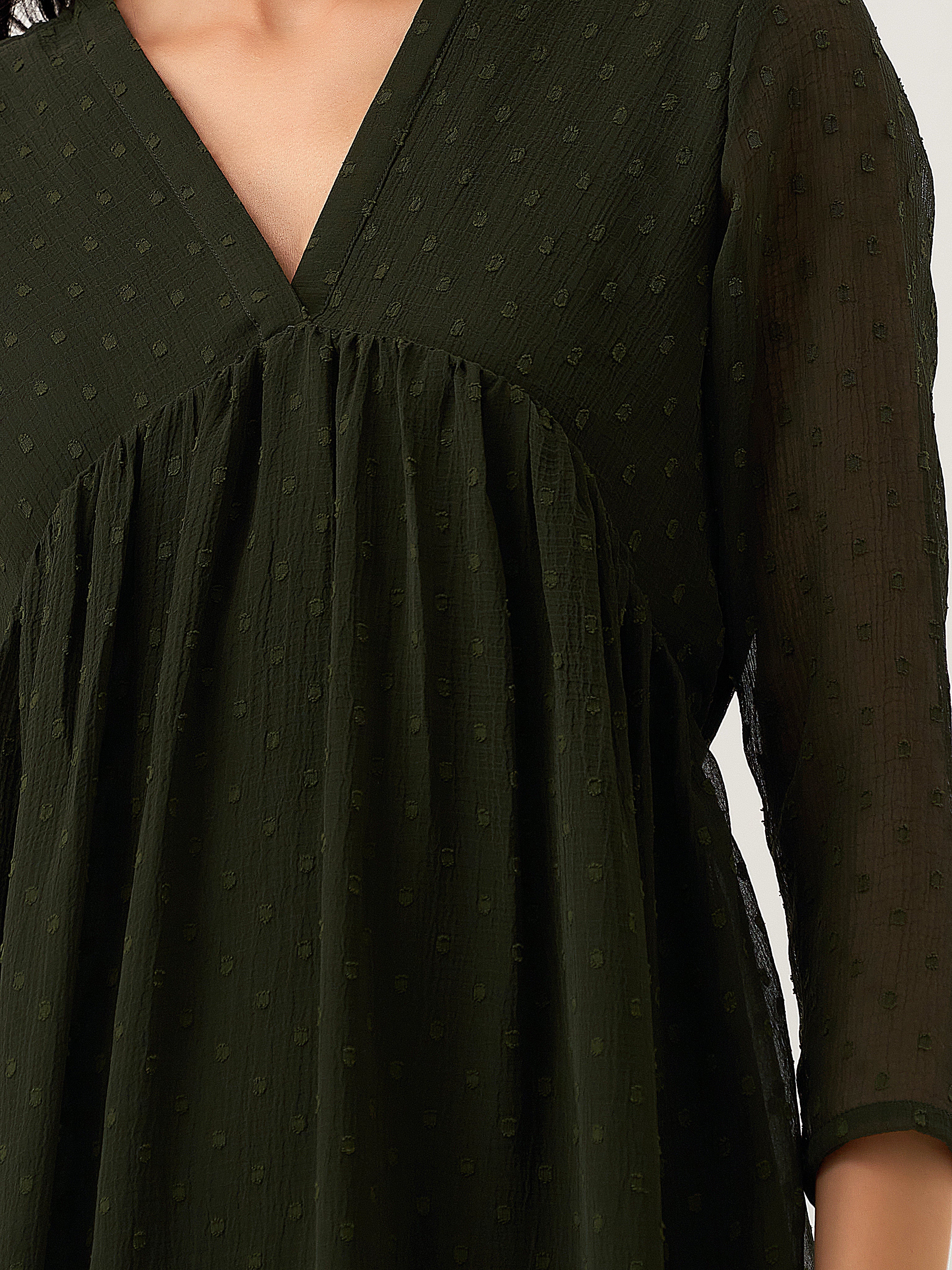 Dark Green Chiffon Brasso Swiss Dot V-Neck Dress