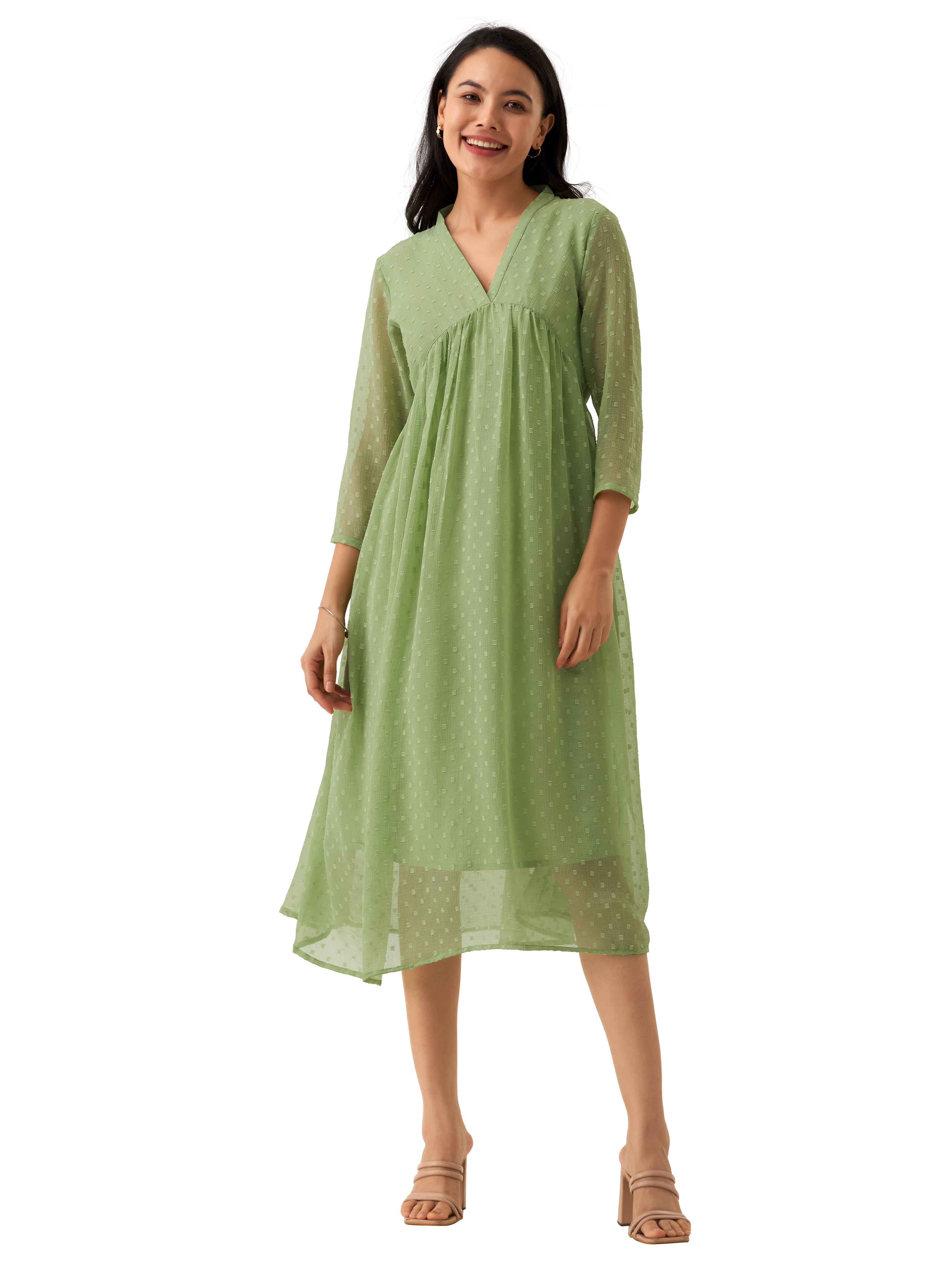 Green Mist Chiffon Brasso Swiss Dot V-Neck Dress