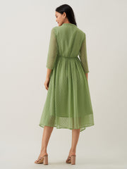 Green Mist Chiffon Brasso Swiss Dot V-Neck Dress