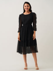 Black Chiffon Brasso Swiss Dot Round Neck Dress