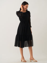 Black Chiffon Brasso Swiss Dot Round Neck Dress