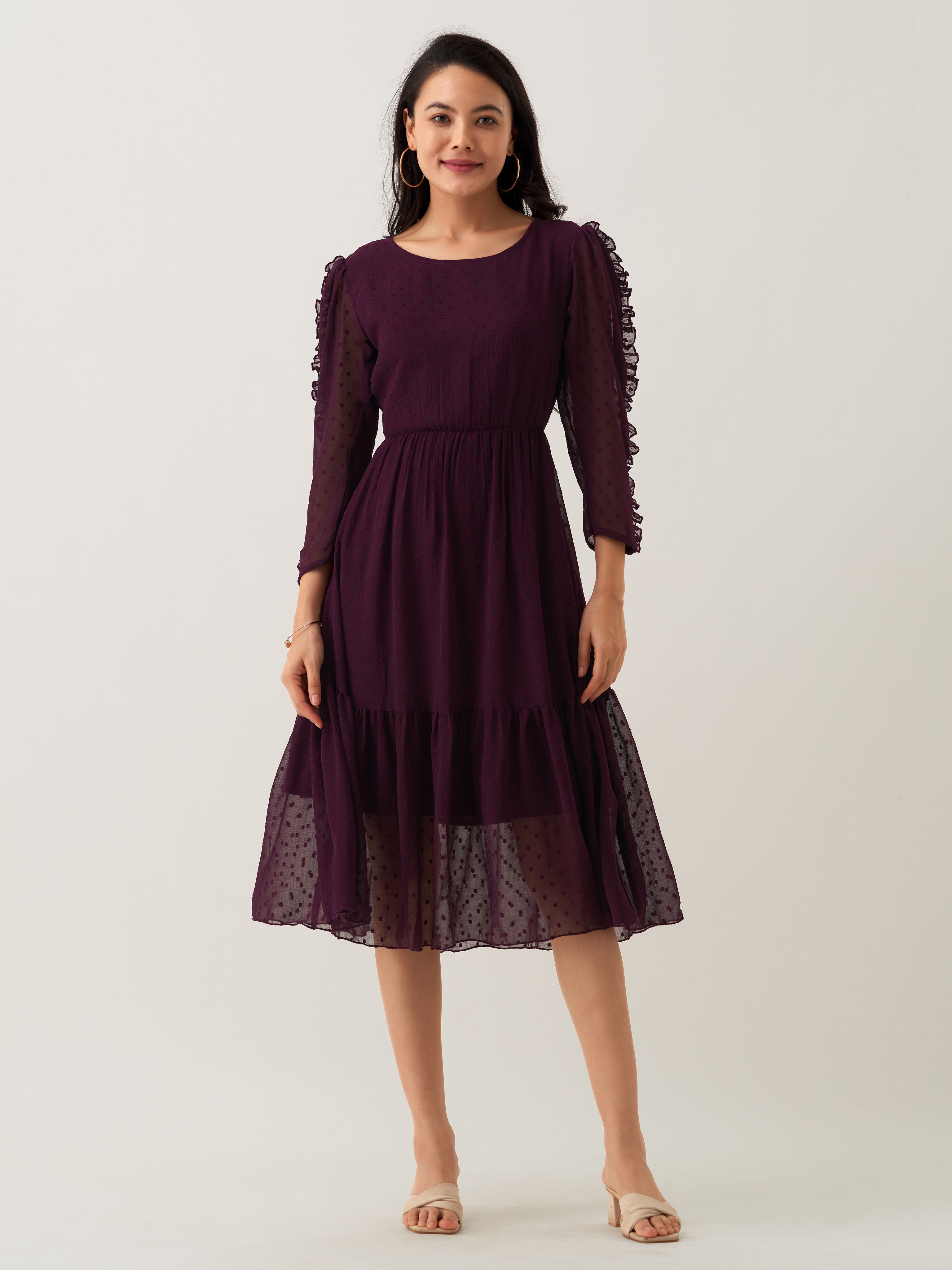 Purple Chiffon Brasso Swiss Dot Round Neck Dress