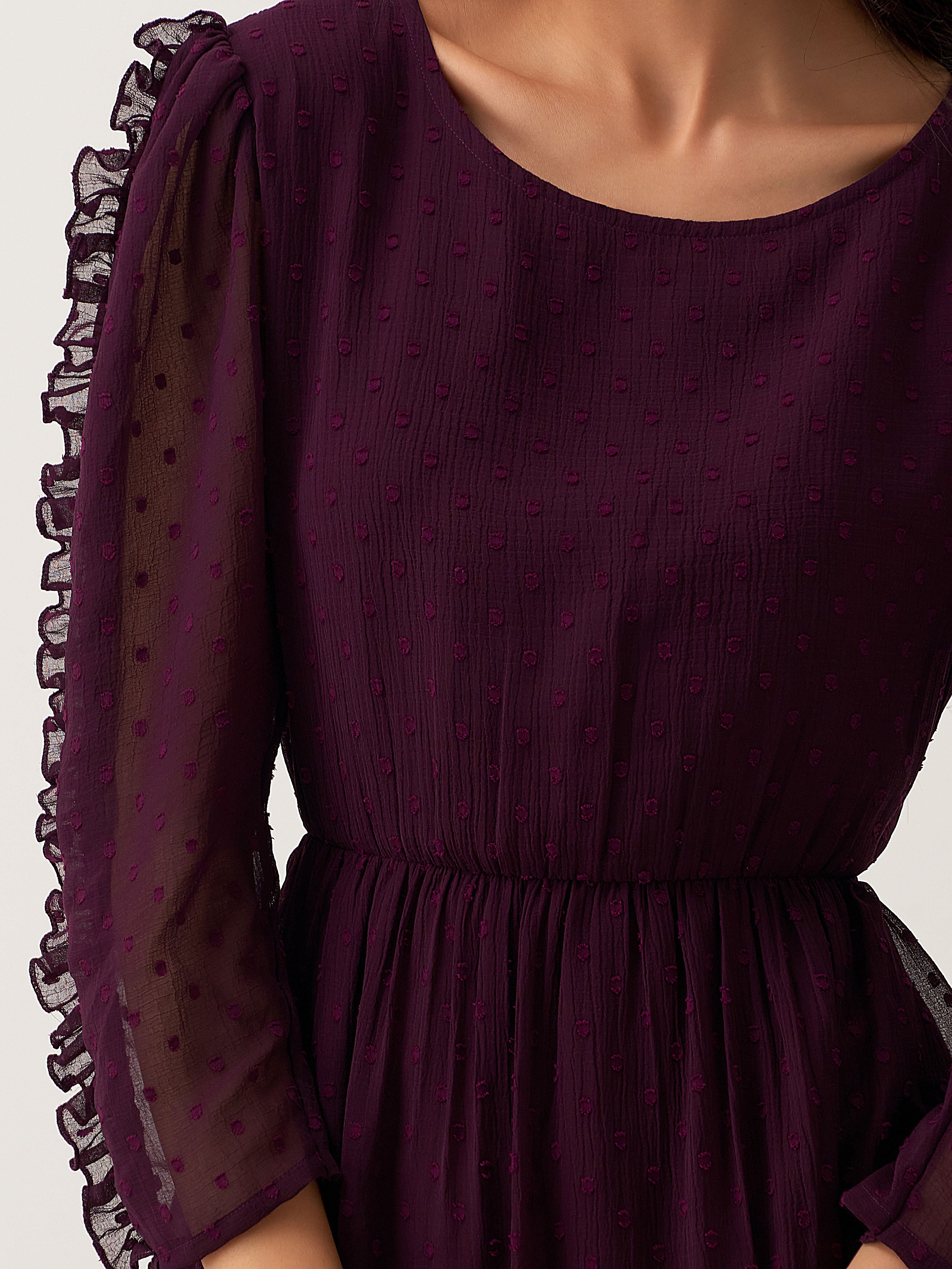Purple Chiffon Brasso Swiss Dot Round Neck Dress