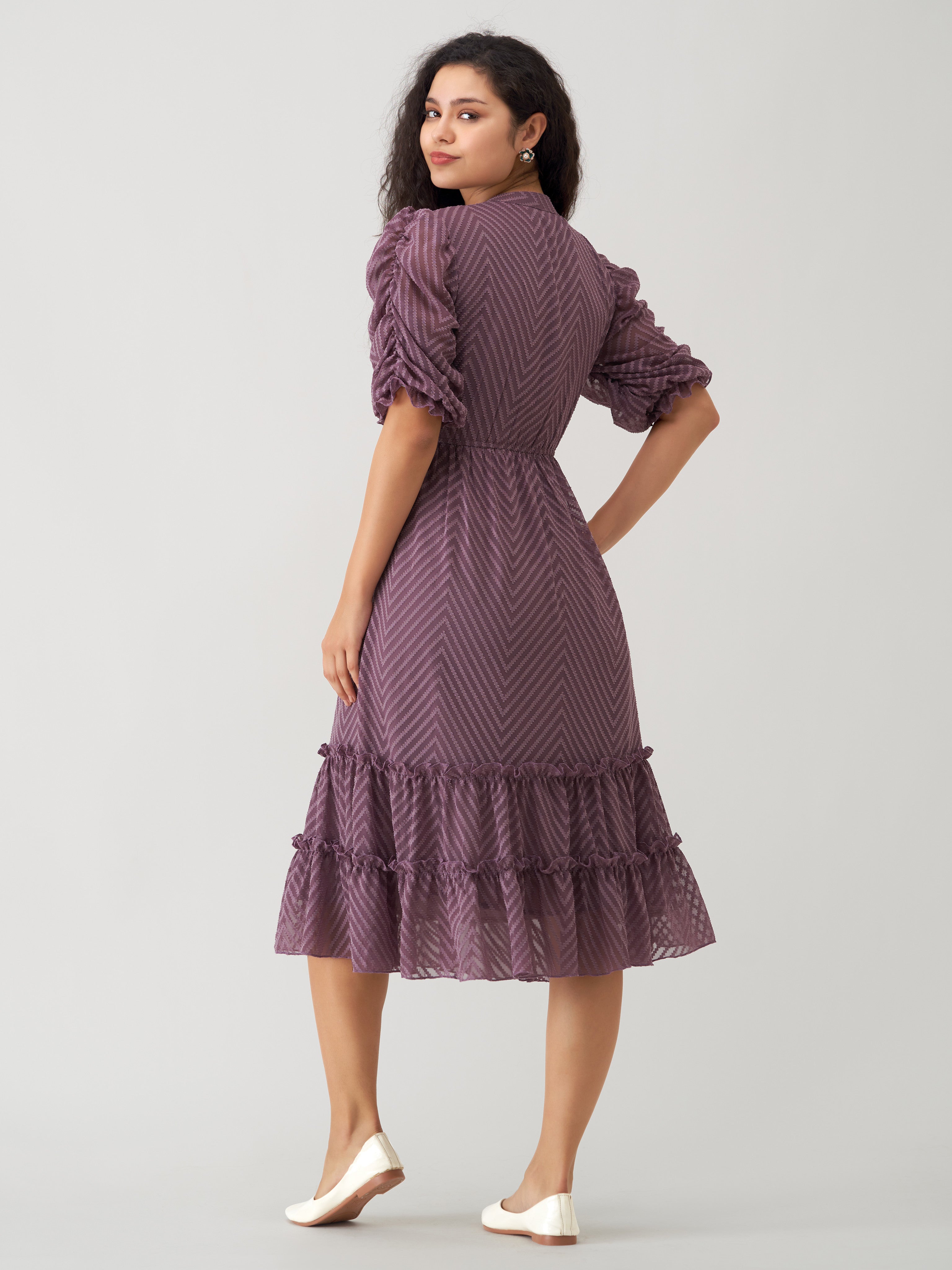 Dull Purple Chiffon Brasso Swiss Dot High Neck Dress