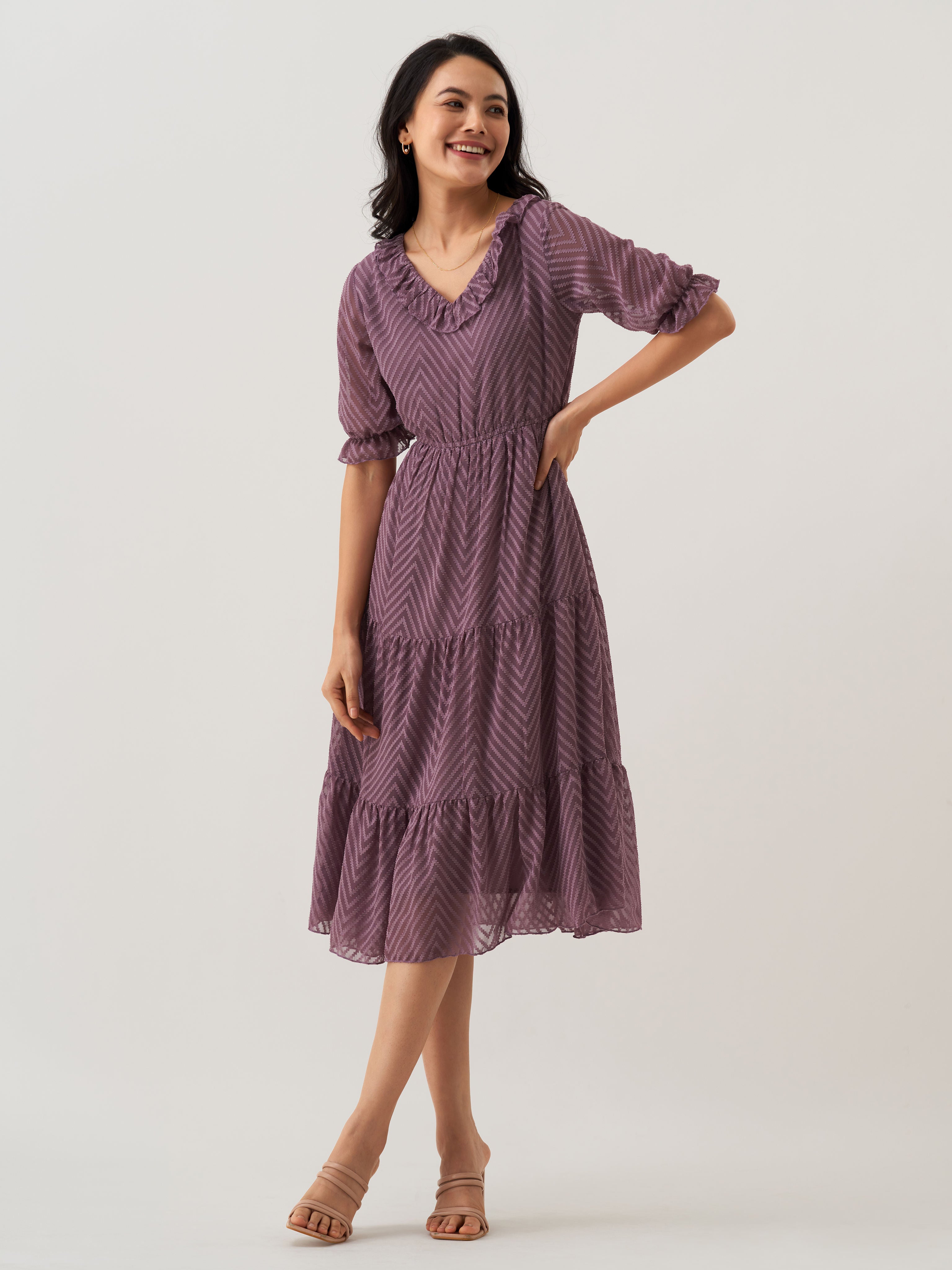 Purple Chiffon Brasso Swiss Dot V-Neck Dress