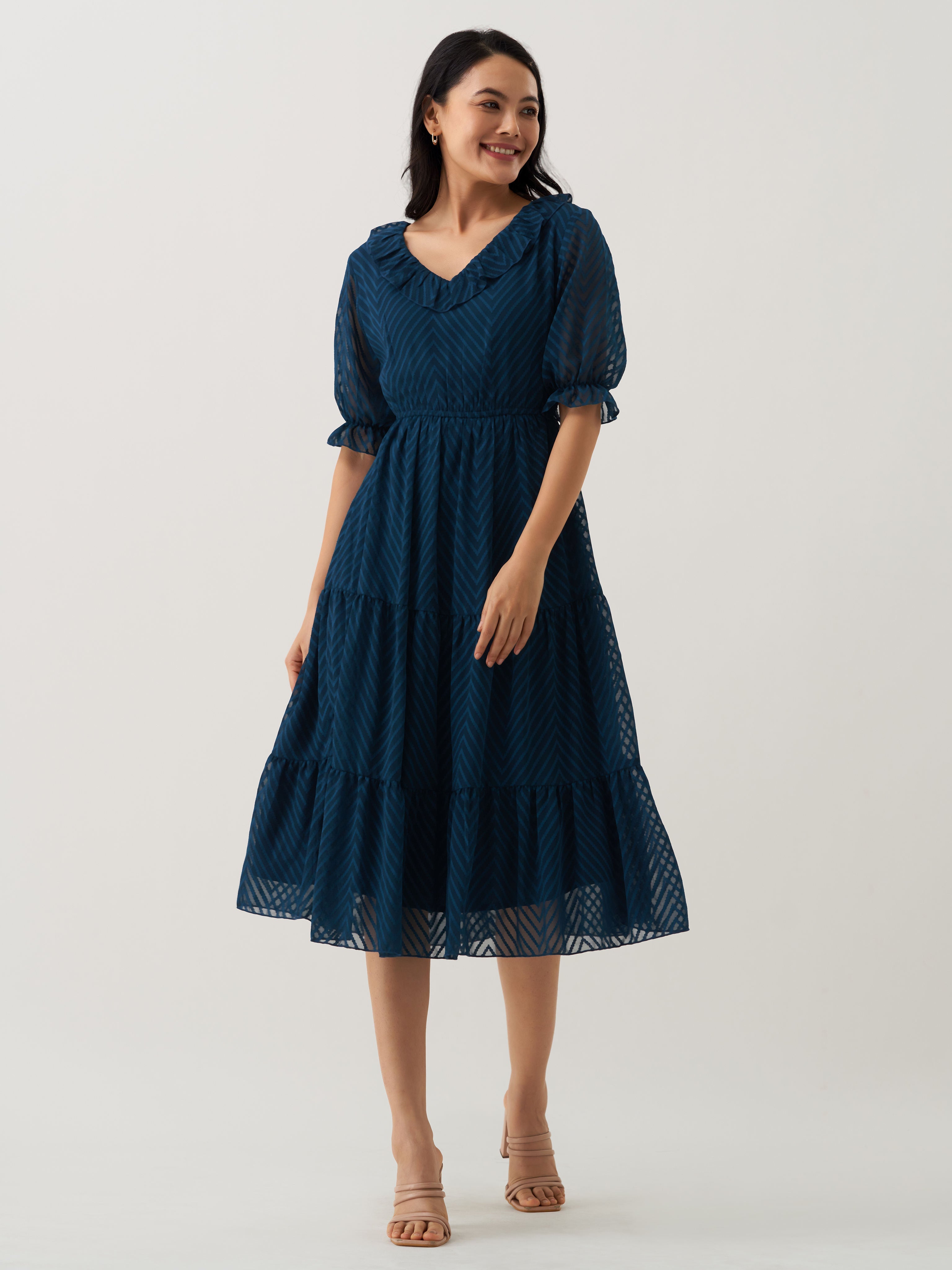 Peacock Blue Chiffon Brasso Swiss Dot V-Neck Dress