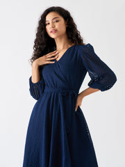 Navy Blue Chiffon Brasso Swiss Dot V-Neck Dress