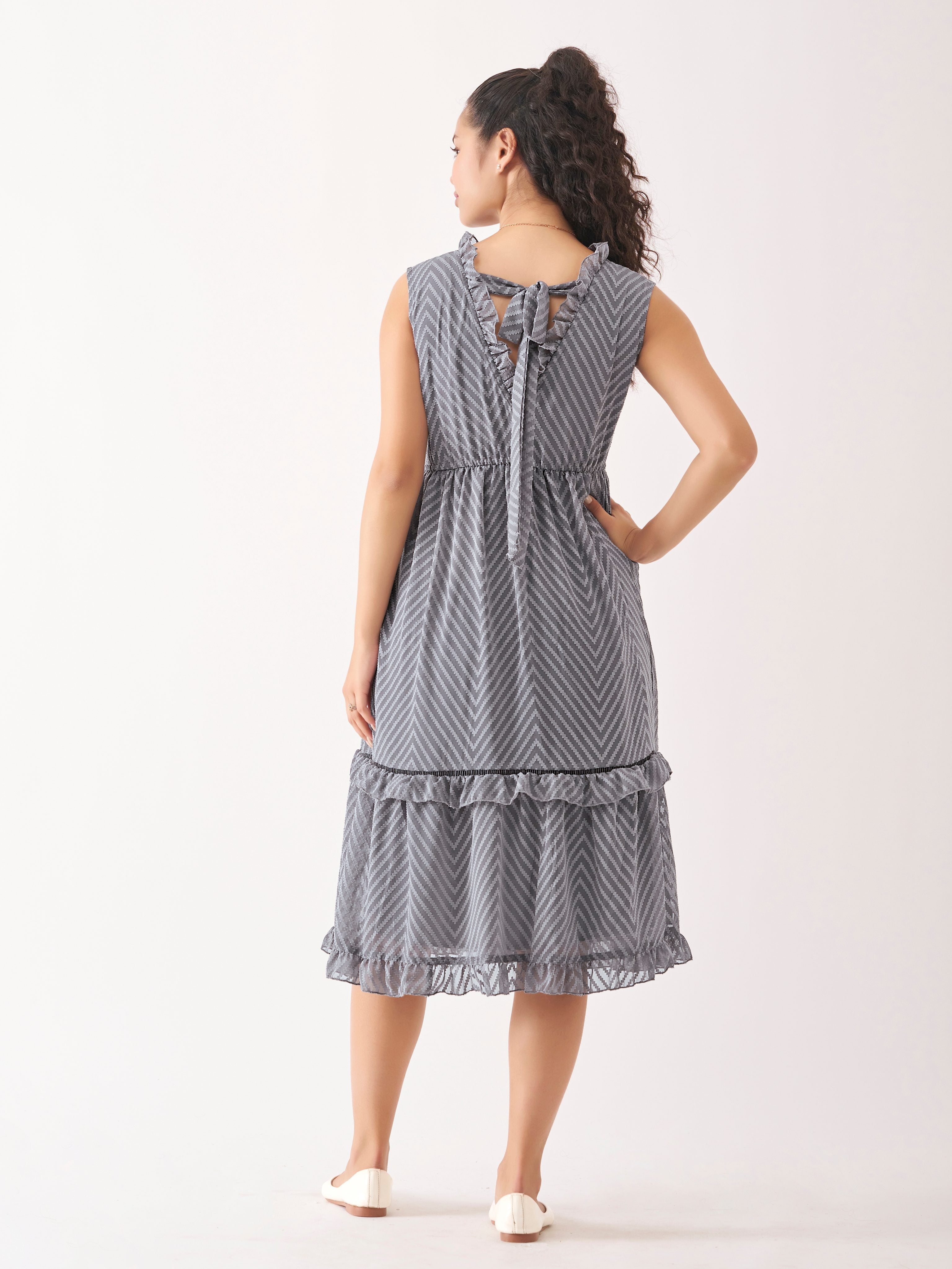 Grey Chiffon Brasso Swiss Dot V-Neck Dress