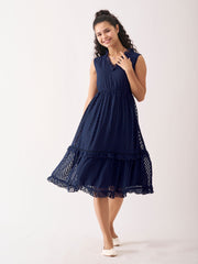 Navy Blue Chiffon Brasso Swiss Dot V-Neck Dress