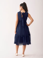 Navy Blue Chiffon Brasso Swiss Dot V-Neck Dress